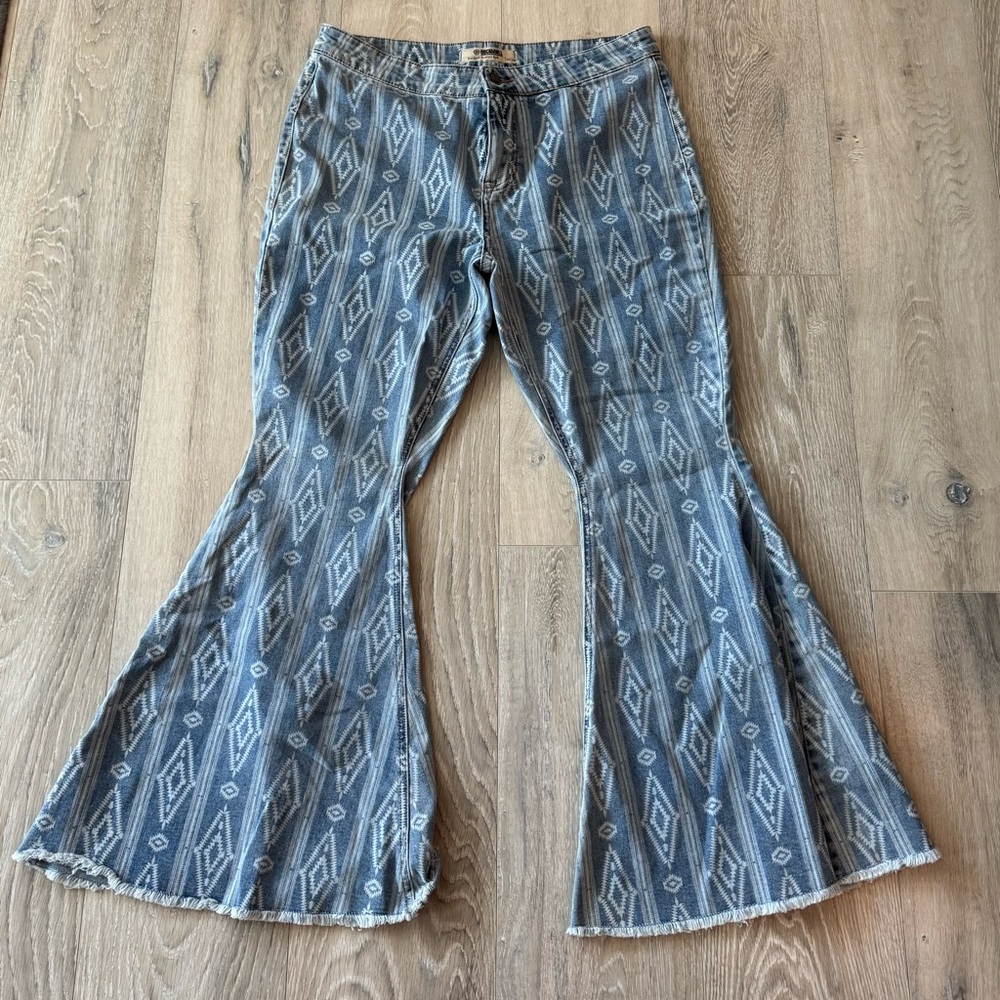 Rock & Roll Denim Bargain Button Bell Bottoms Western White and Blue Pattern
